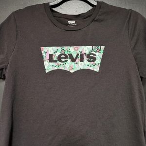 Levi's Logo Shirt Womens Medium Black Short Sleeve‎ Flowers Floral Tee Sh…